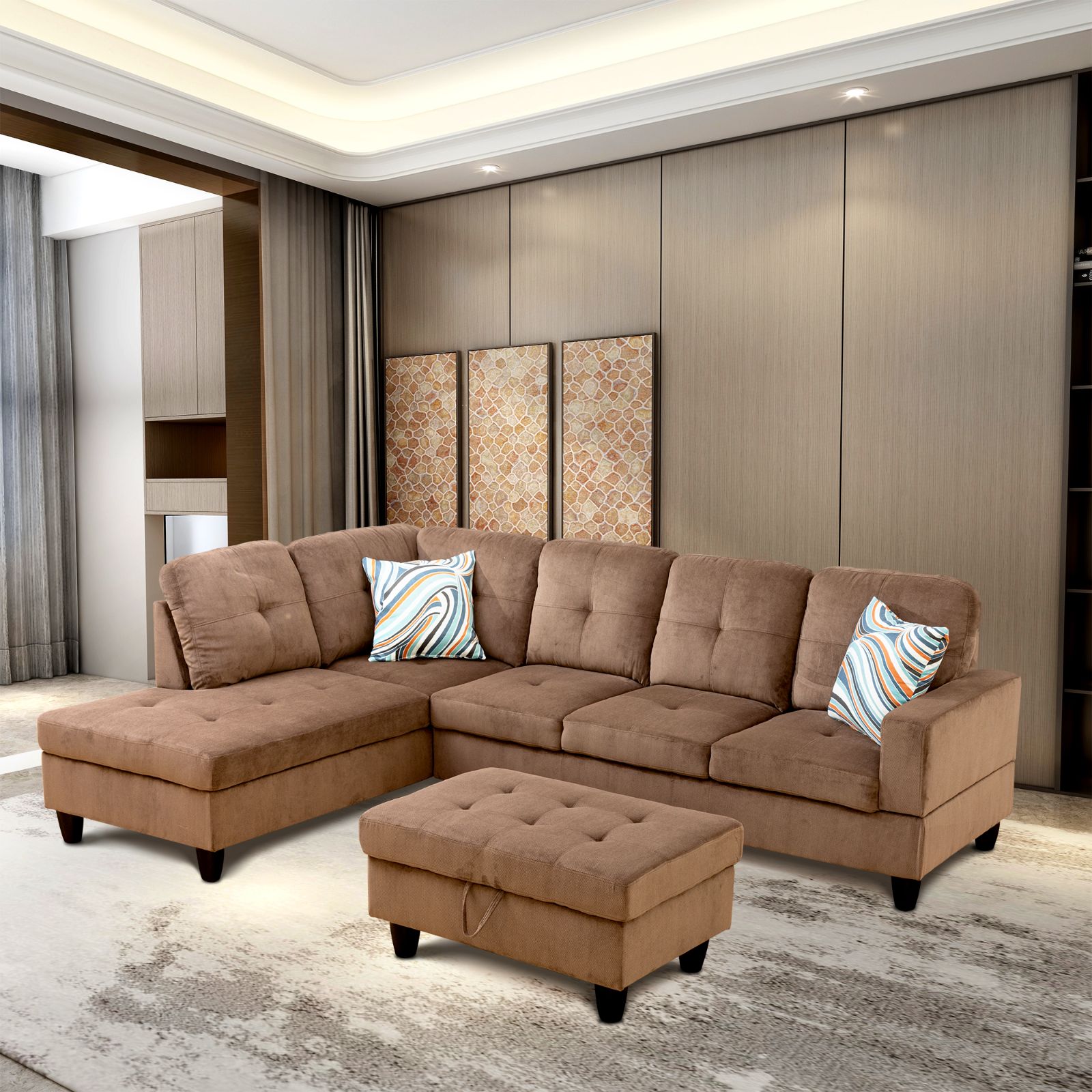 Brown Pineapple Fabric 3-Piece Couch Living Room Sofa Set