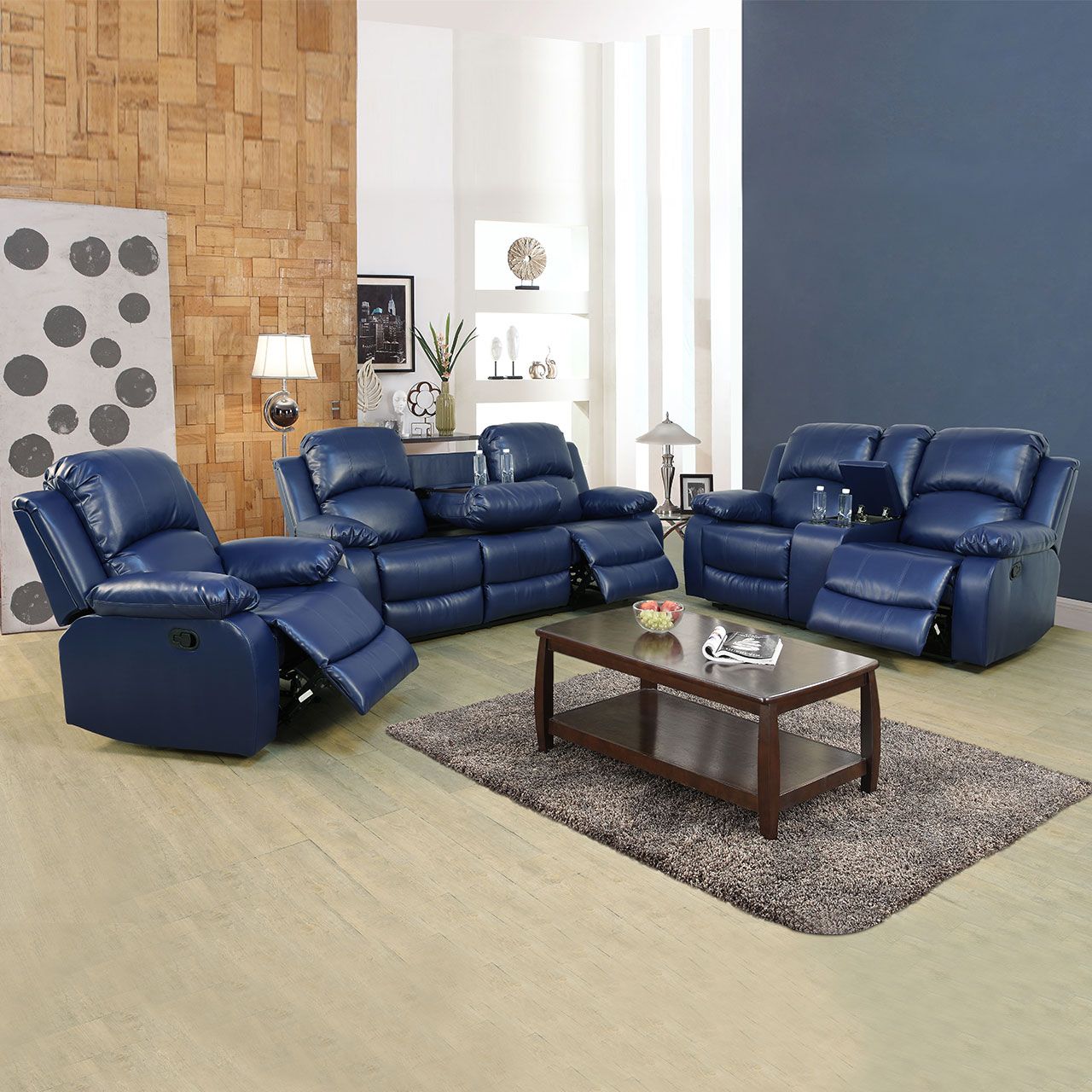 Dark Blue Semi PU 3-Piece Couch Living Room Sofa Set