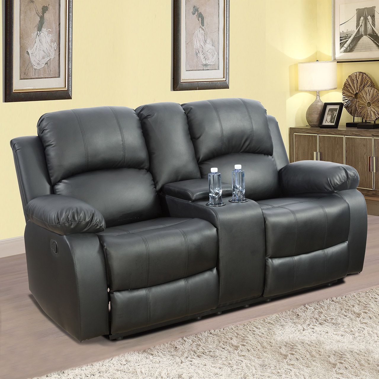 Black Semi PU And PVC Loveseat Living Room Sofa L