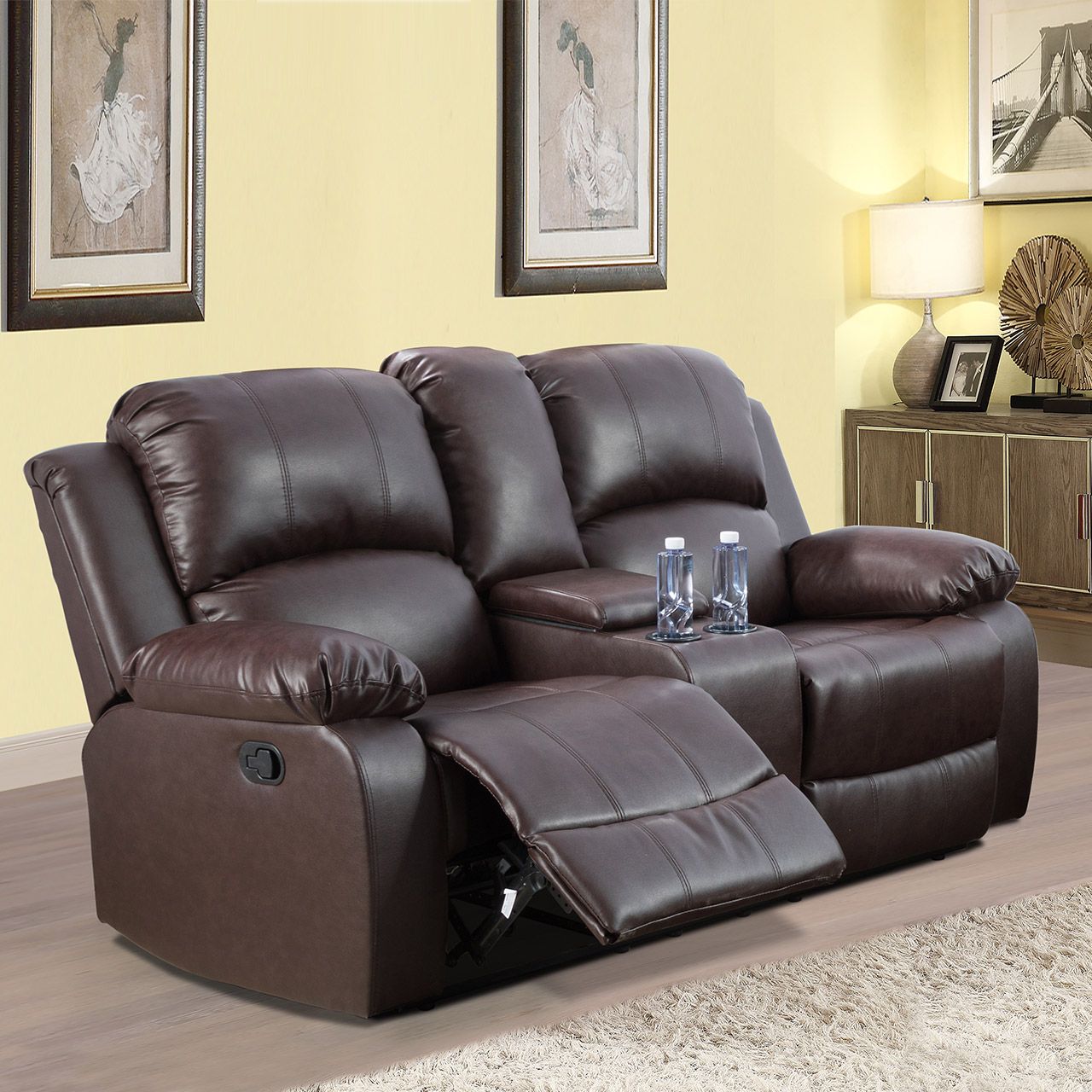 Brown Semi PU And PVC Loveseat Living Room Sofa L