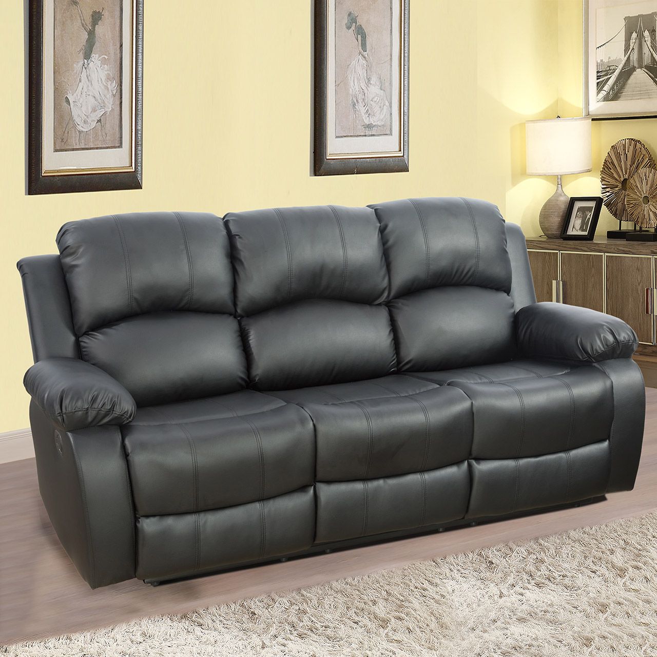 Black Semi PU And PVC 3 Seat Sofa Living Room Sofa S