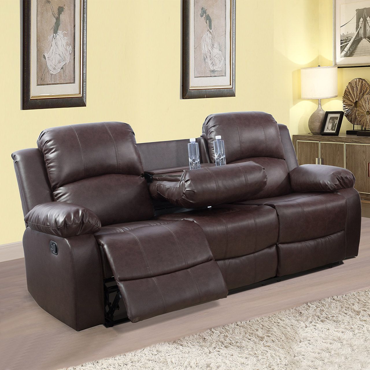 Brown Semi PU And PVC 3 Seat Sofa Living Room Sofa S