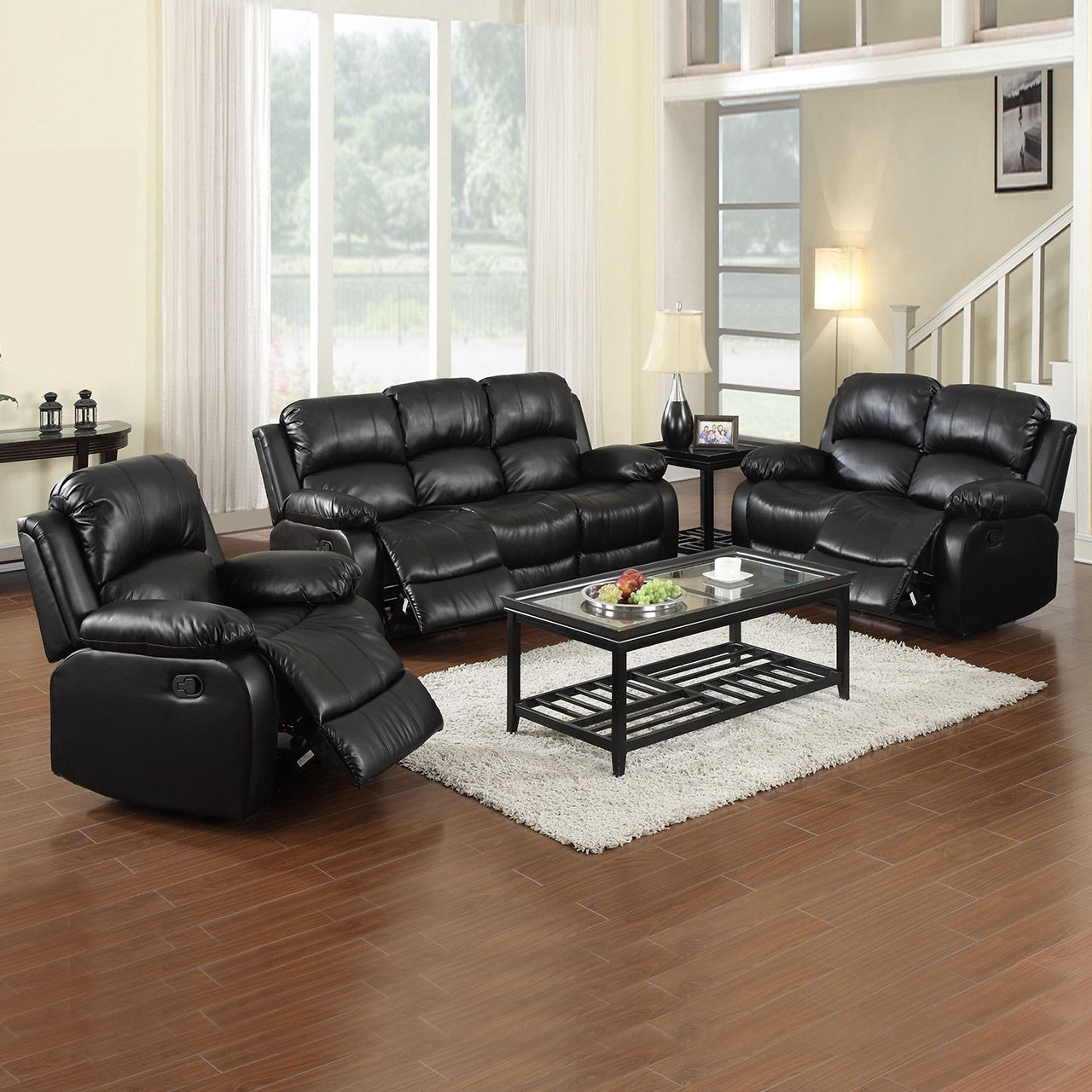 Black Regenerated Leather 3-Piece Couch Living Room Sofa Set