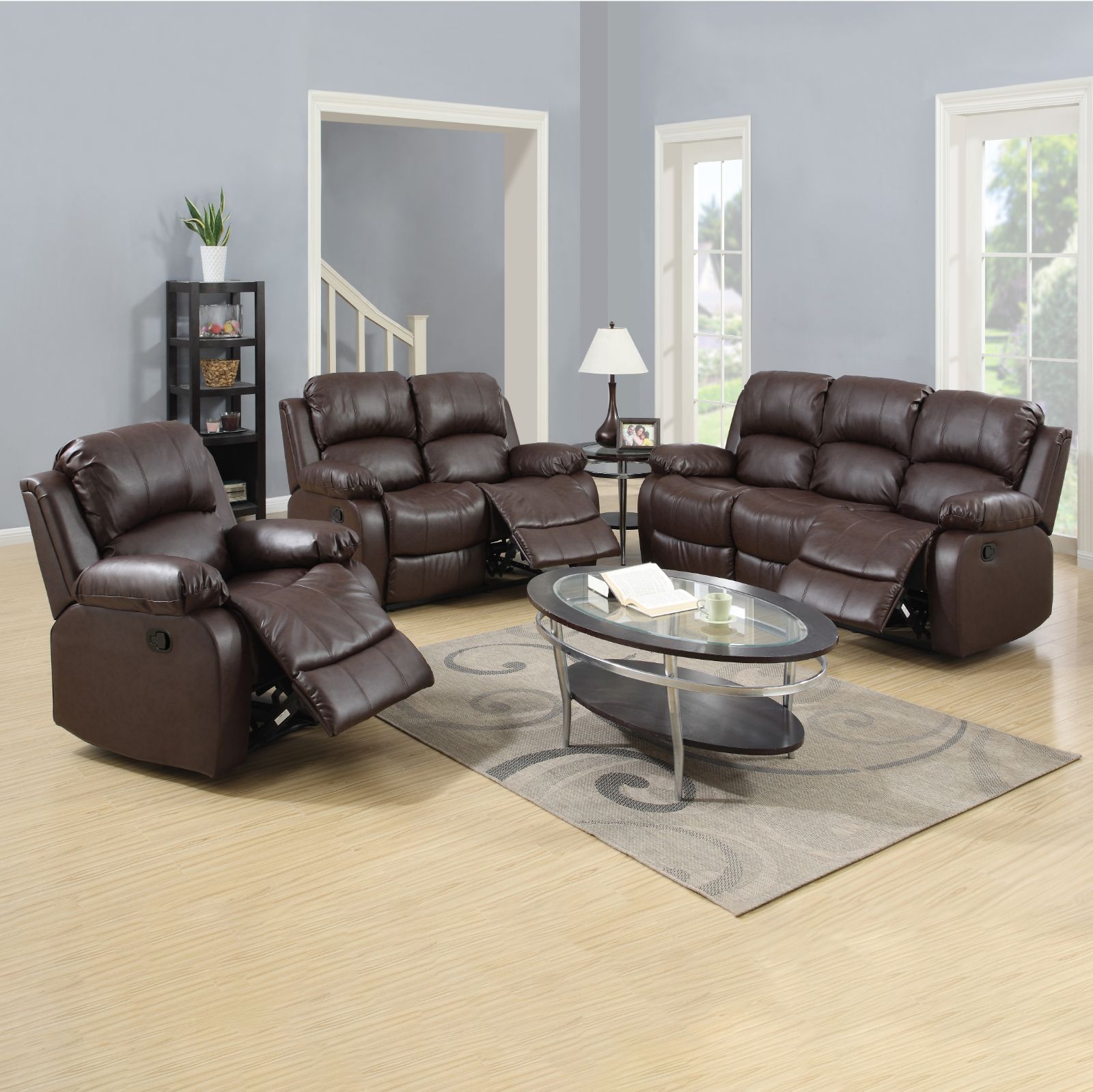Brown Regenerated Leather 3-Piece Couch Living Room Sofa Set