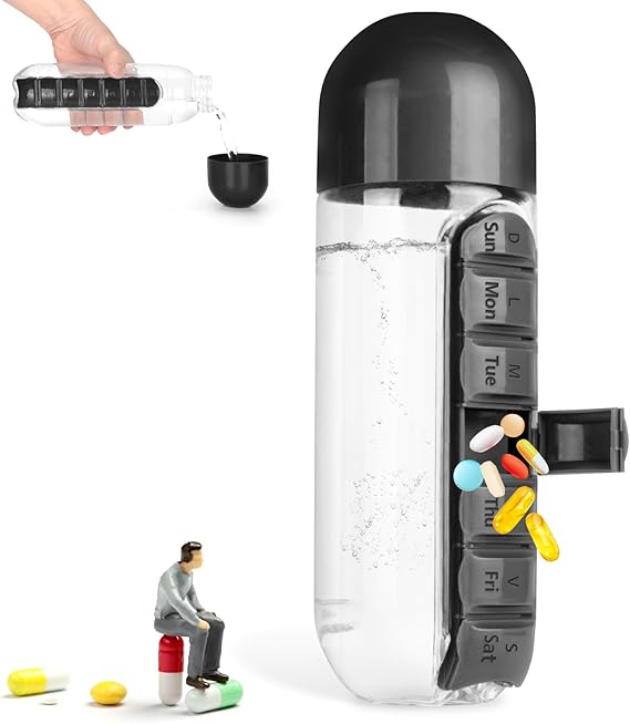 Pill box water cup, 2-in-1 water bottle medicine box storage box