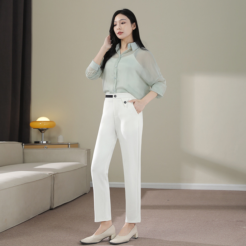 White cropped slacks women's spring new cigarette pants loose thin straight pants high waist stretch harem pants