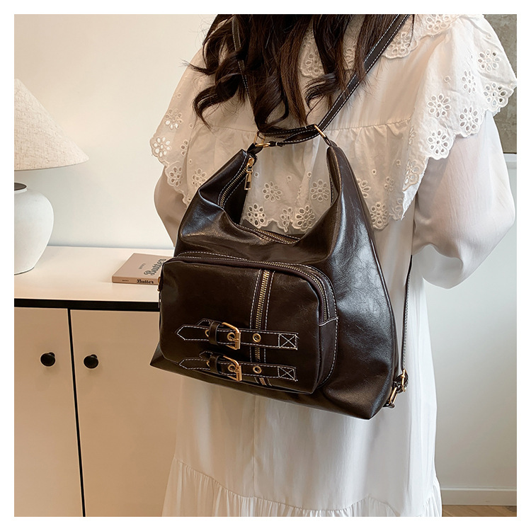 New high-end retro college style student shoulder bag belt pin buckle decorative buckle pocket underarm backpack
