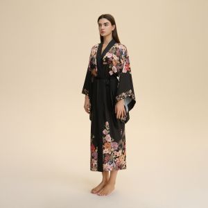 2 piezas: bata larga de satén negra con estampado floral para mujer, de manga larga; bata de novia y ropa de descanso