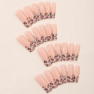 30 piezas de uñas postizas adhesivas con estampado de leopardo y punta francesa, decoradas con cristales