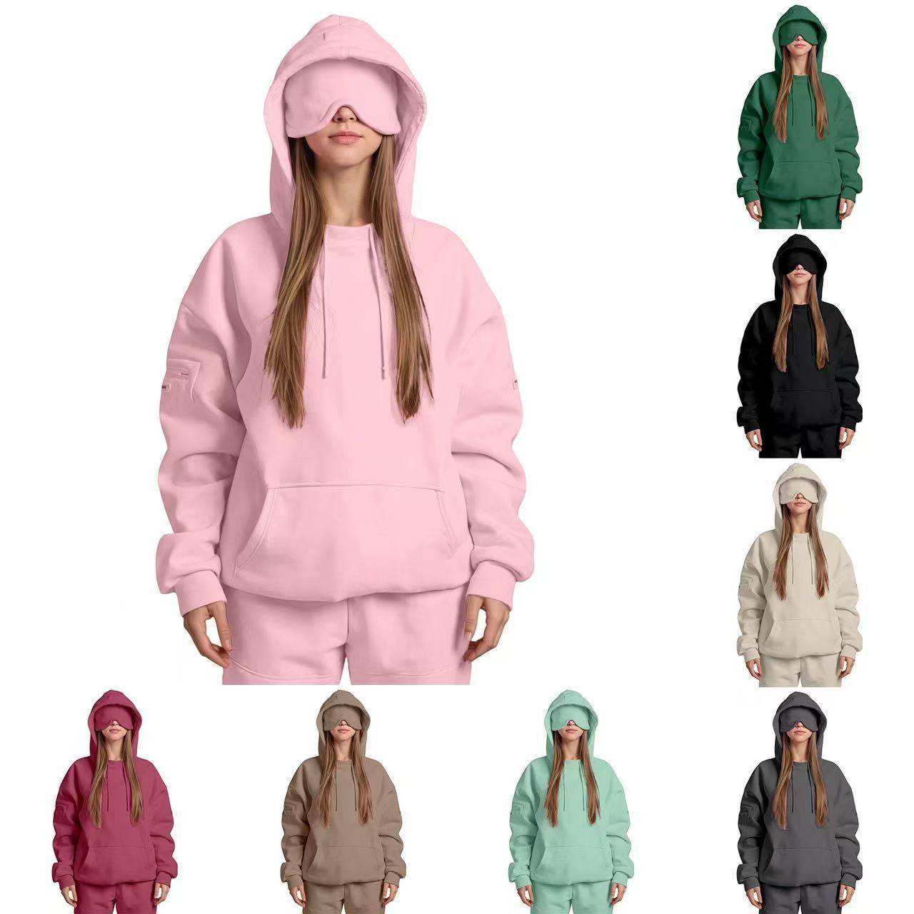 Solid Color Oversized Hoodie with Eye Mask
