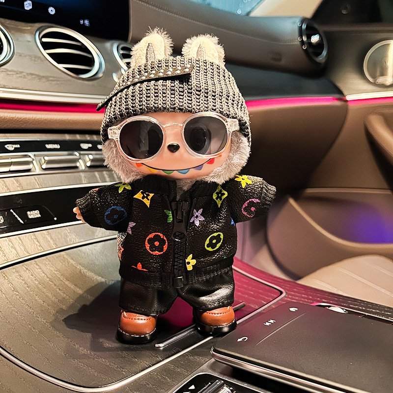 Compatible with 17cm Labubu Figures, 1st/2nd/3rd Gen Doll Outfits, PU Leather Costume Dress-Clothing Only Clothing set only — doll, glasses, and shoes not included.