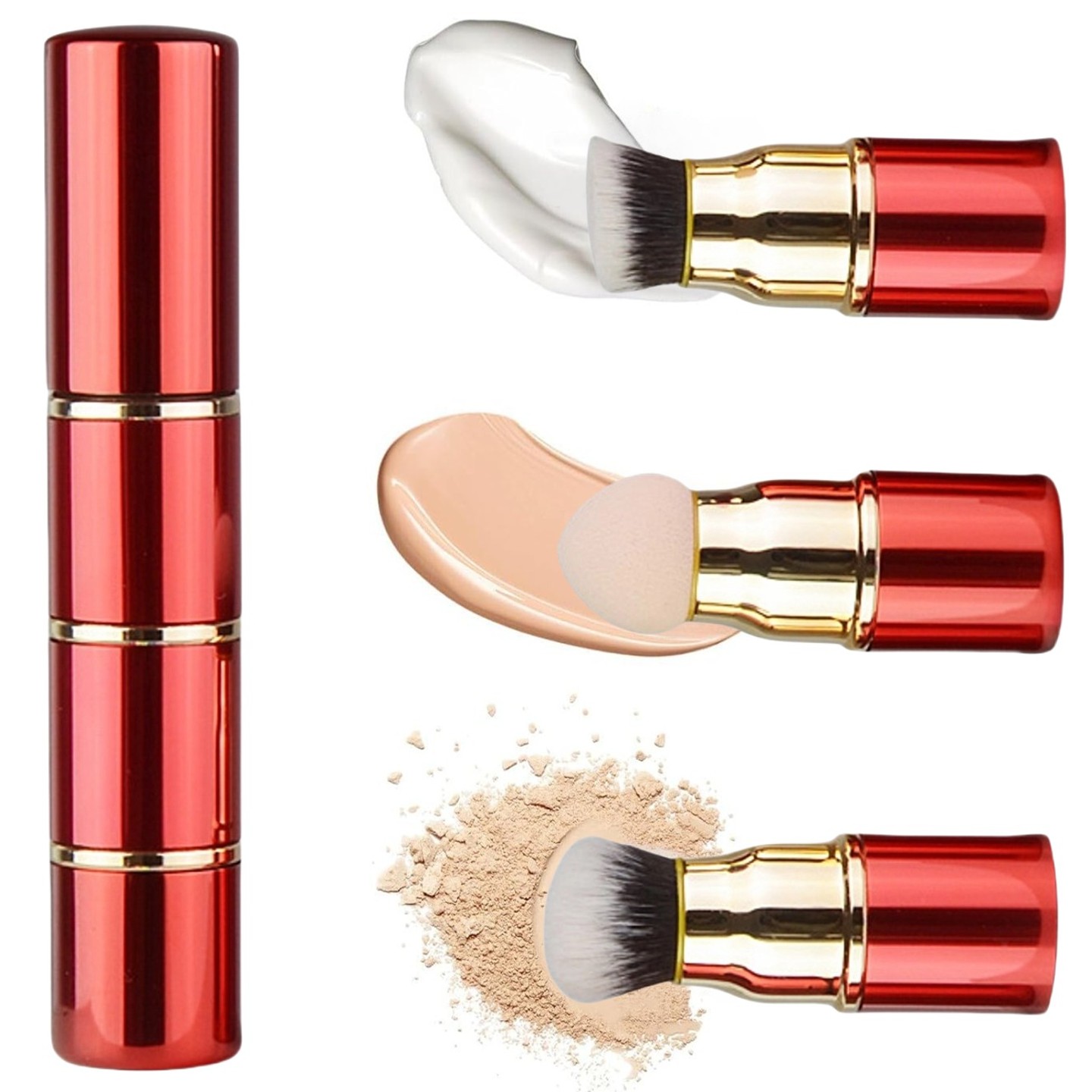 3-in-1 professional makeup brush set, suitable for applying cream/liquid/powder makeup with a sponge brush, travel-sized makeup brush (with cap cover), powder foundation brush, blush brush, can be DIY