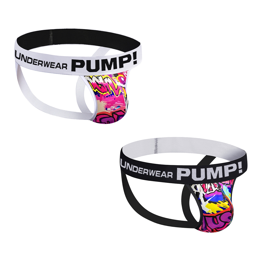 2PCS  European American street graffiti printed men s thong underwear with raised hips and low waist gay double thong