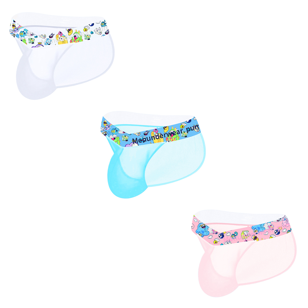 3 PCS Ice silk Ultrathin Men's Soft Briefs Comfortable Sports Transparent Quick dry Man Underwear Low Waist Sexy Cartoon Summer Underpants