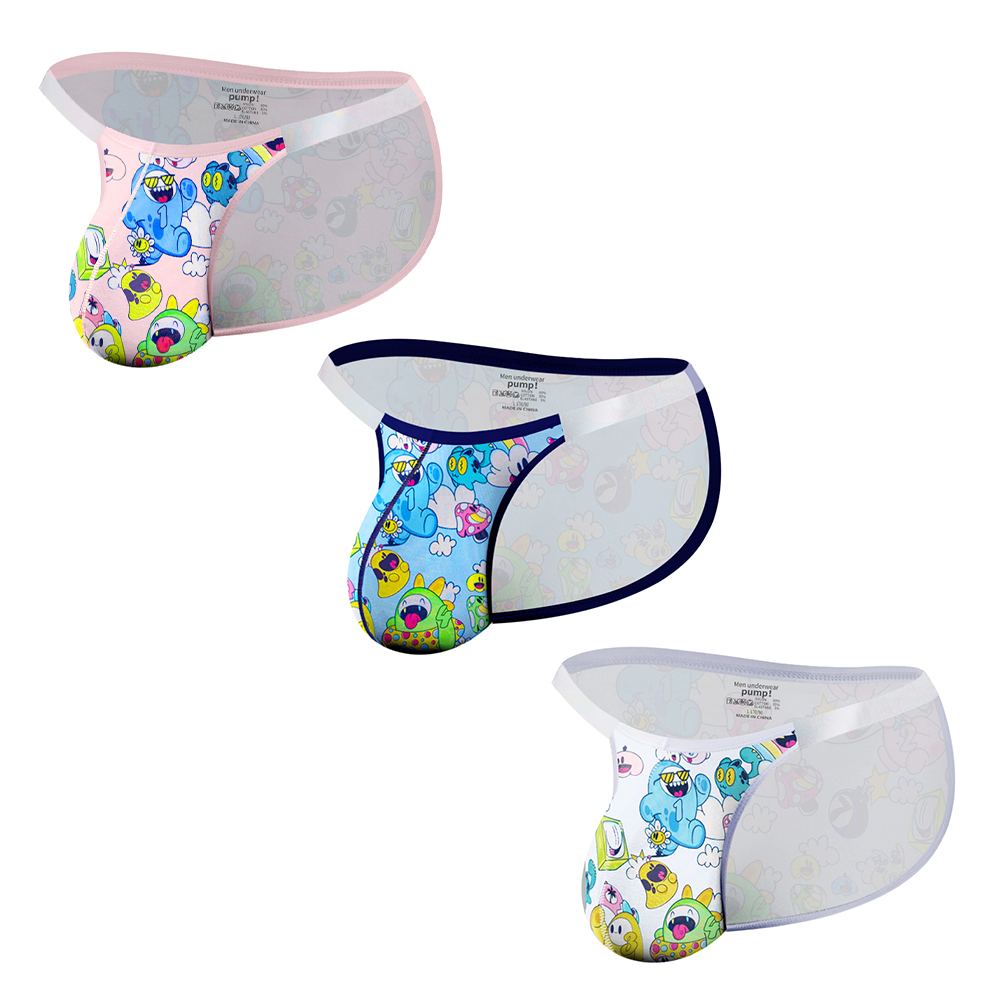 3PCS  Cartoon Animation Men Cute Underwear Briefs Mens Fashion Bikini Transparent Belt Hip Raise Panties Sexy Low Waist Man Triangle Underpants