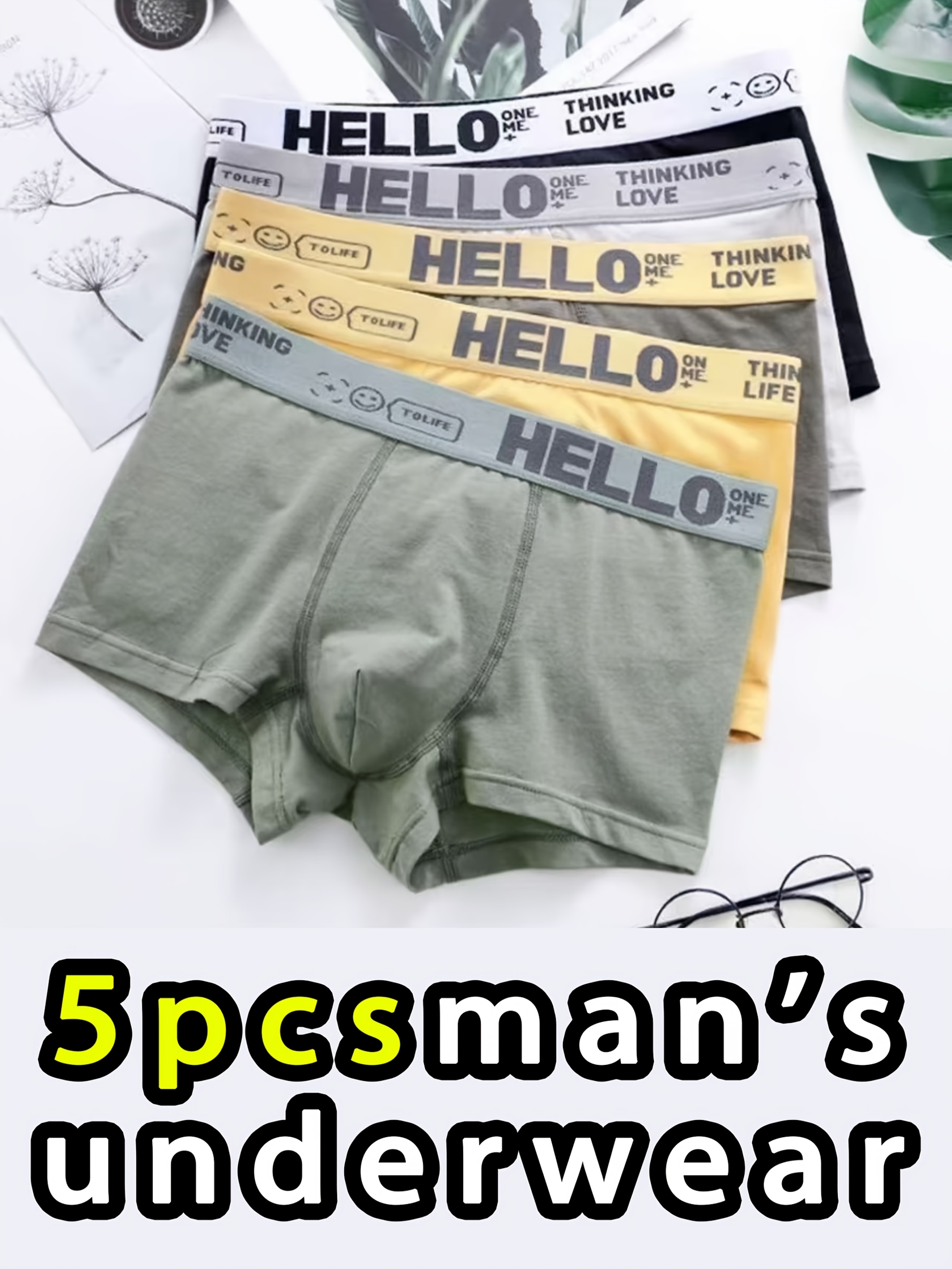5-piece set of men  s quick drying boxer shorts, solid color underwear with the word   quot;HELLO  quot; printed on it