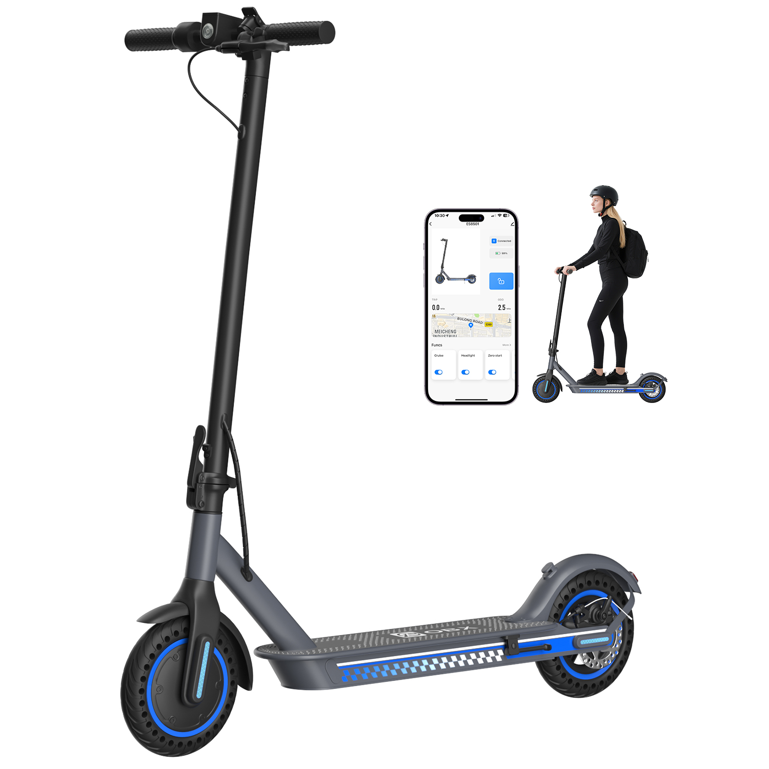 Adult Foldable Electric Scooter - Mobile App One-Key Control (Cruise Control, Headlight, Remote Lock) for Urban City Commute