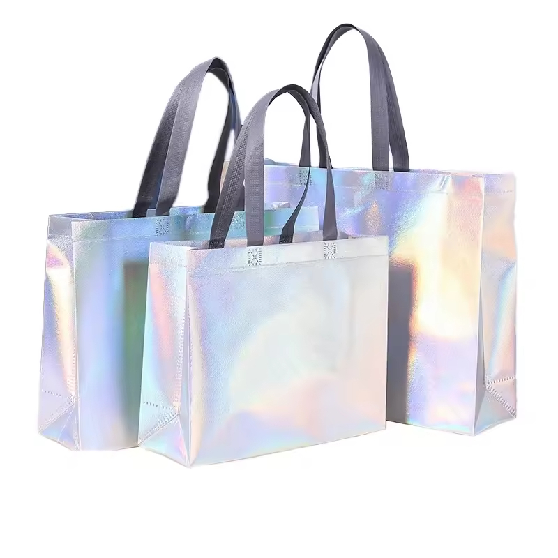 High Quality Custom Logo Silver Tote Bag Recyclable Shopping Bag for Clothes and Gifts Gold Glitter Accent
