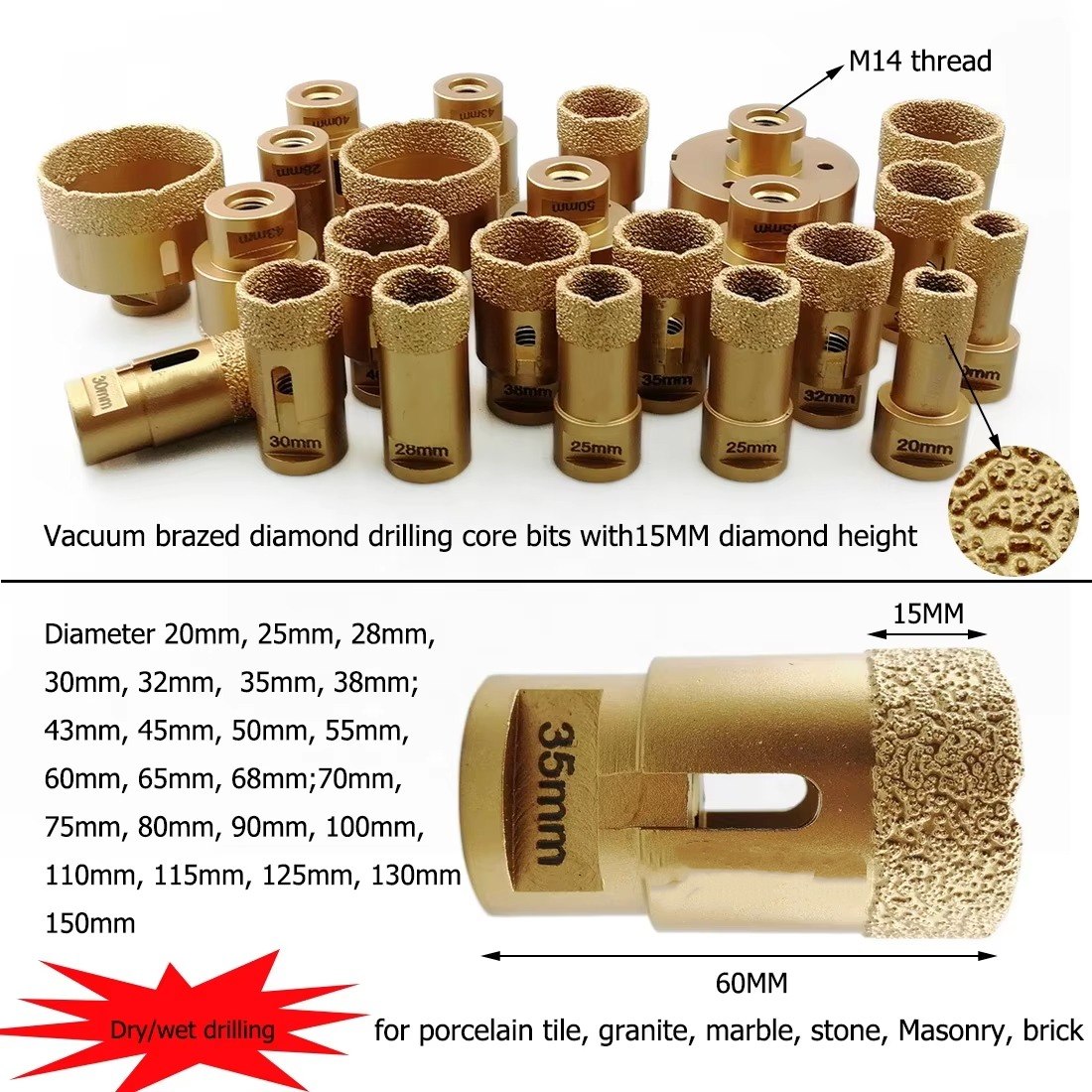 Vacuum Brazed Diamond Core Bit Porcelain Tile Hole Saw Marble Drill Hole Cutter With M14 Thread 