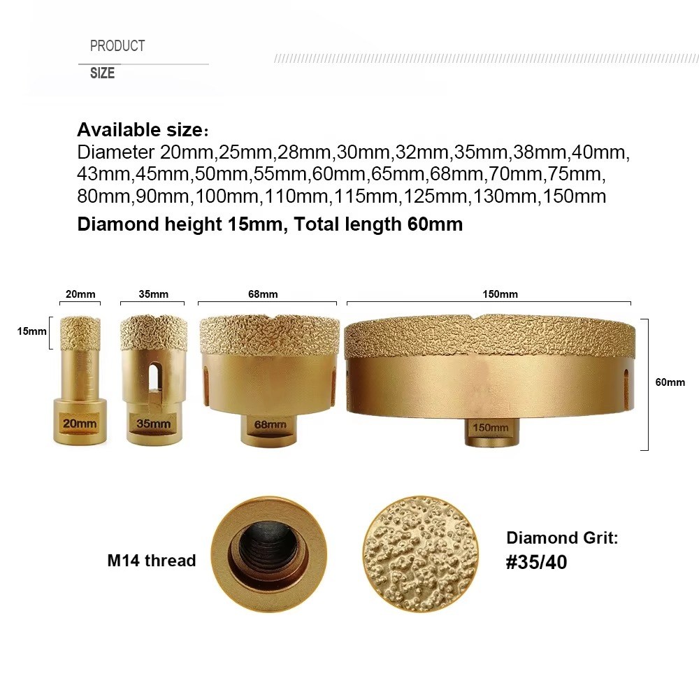 Vacuum Brazed Diamond Core Bit Porcelain Tile Hole Saw Marble Drill Hole Cutter With M14 Thread 