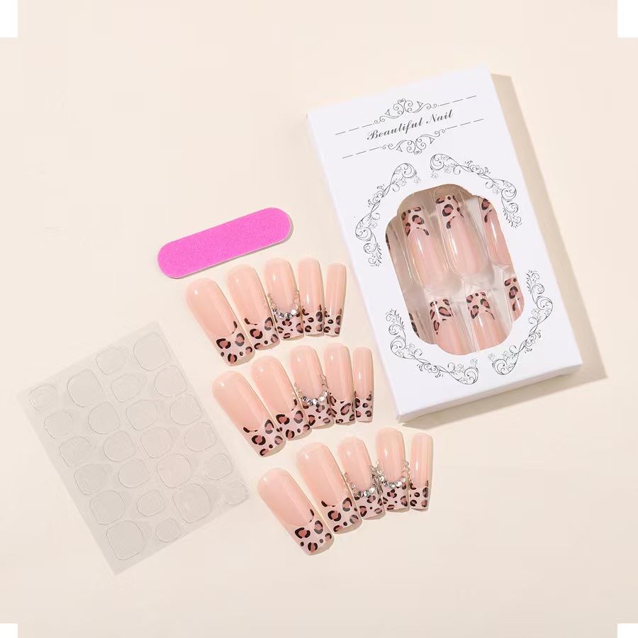 30 piezas de uñas postizas adhesivas con estampado de leopardo y punta francesa, decoradas con cristales