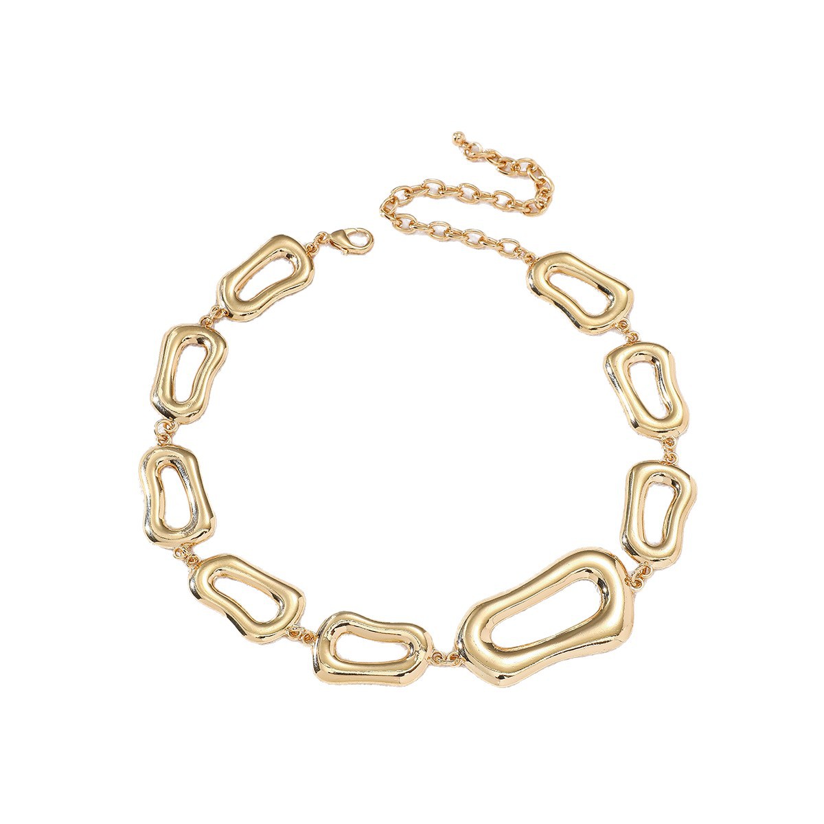 30피스 불규칙한 중공 타원형 링 초커 목걸이, 골드톤 스테이트먼트 칼라 체인