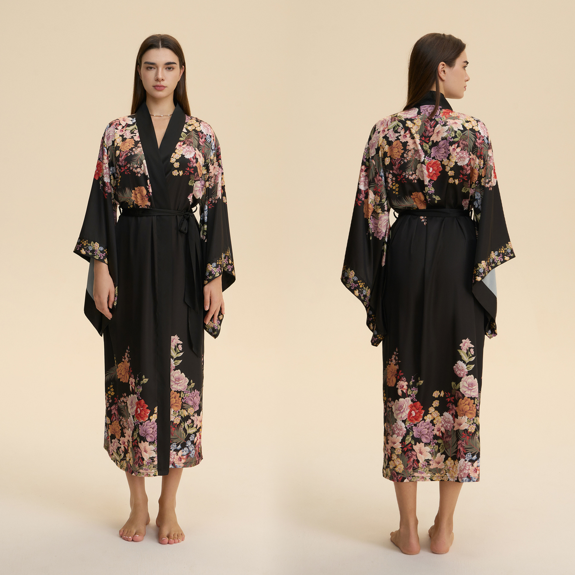 2 piezas: bata larga de satén negra con estampado floral para mujer, de manga larga; bata de novia y ropa de descanso